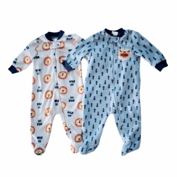 Bon Bebe 2pc Fleece Infant Footed Sleepers sz 0-3M Jungle Lion Gray Blue - Picture 1 of 7